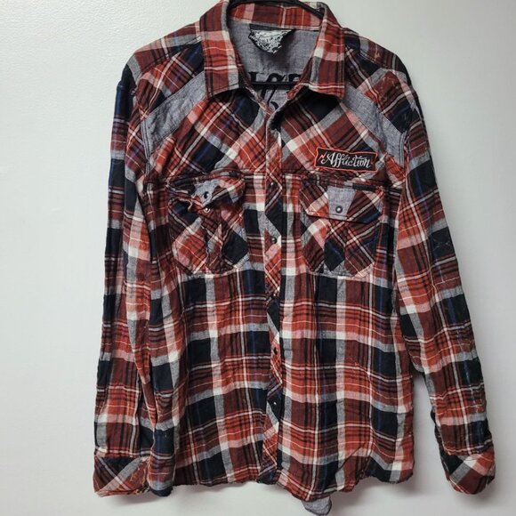 Affliction Flannel Shirt Grunge Garage Distressed Bleached Mens 2XL Snap Up - Picture 1 of 10